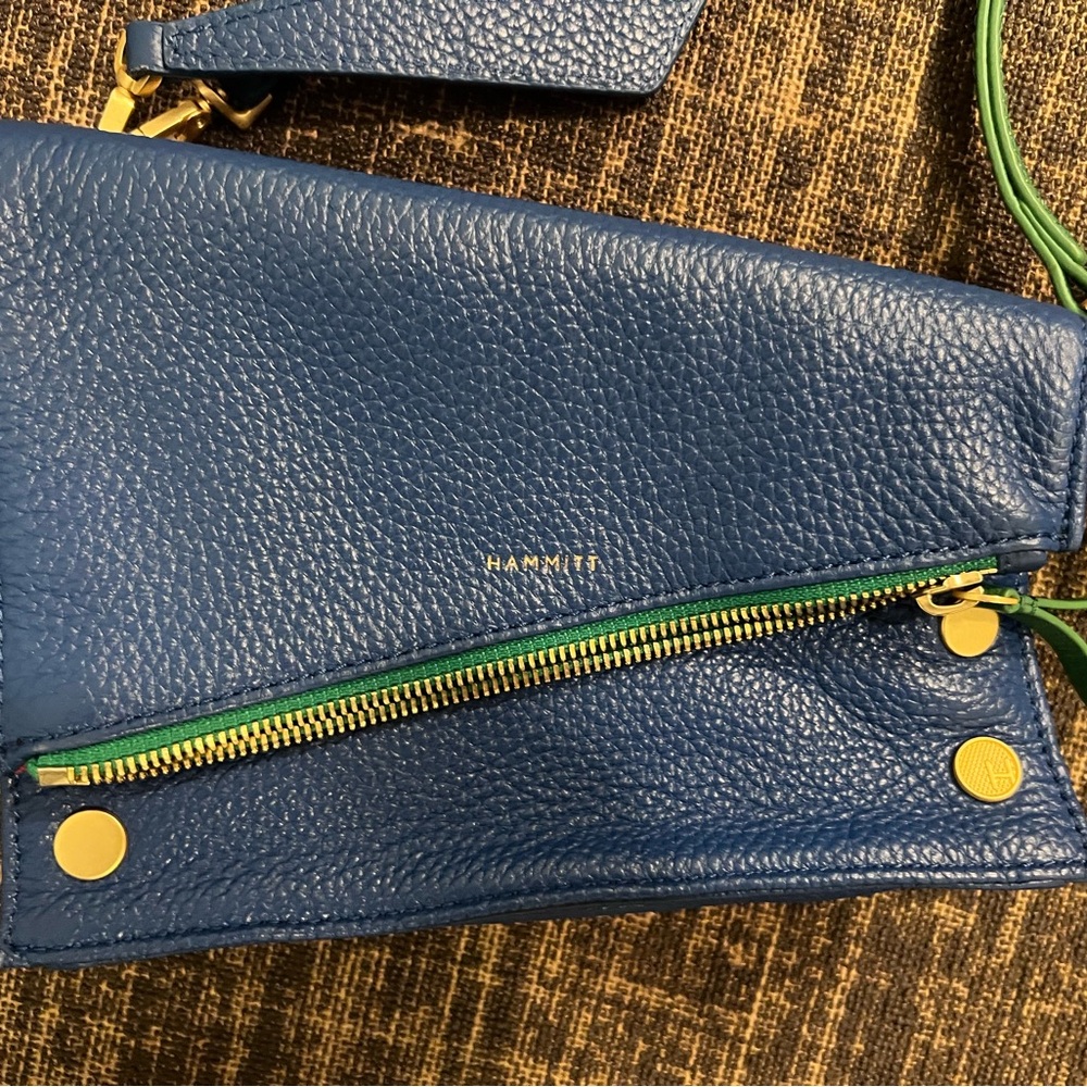 Hammitt Curtis Blue Leather Crossbody with Green Trim and Gold Hardware - Picture 2 of 8